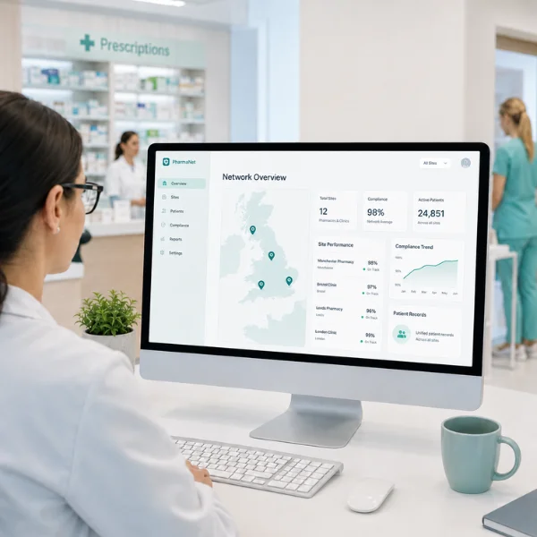 RxSure multi-site pharmacy management dashboard with Stripe and PayPal payment integration