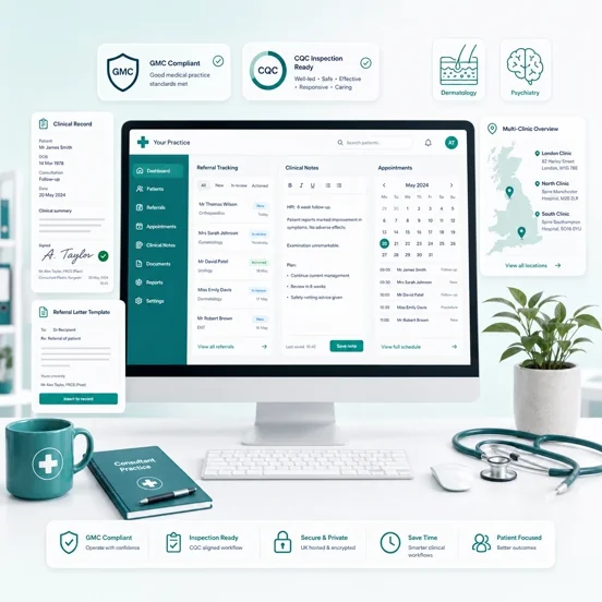 Private consultant practice management software with referral tracking, clinical notes, and compliance tools
