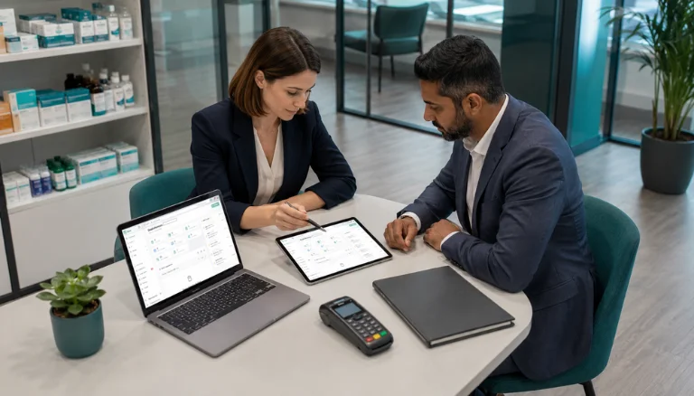 Healthcare practice manager reviewing clinic software pricing and procurement options in a modern UK office.