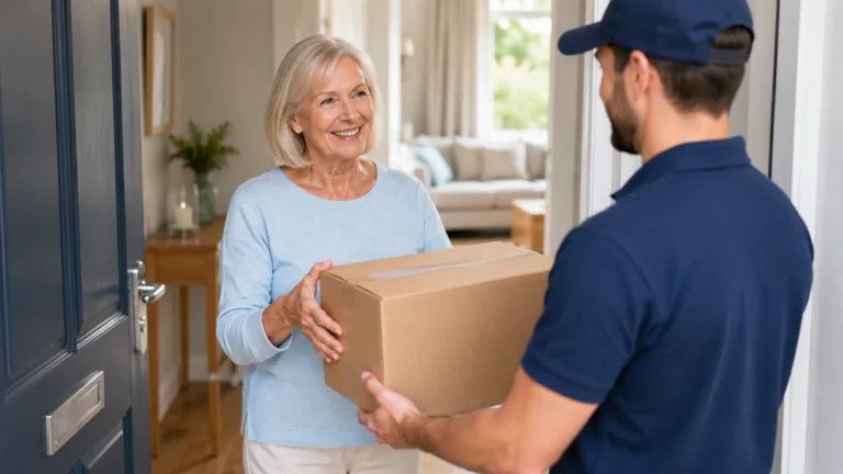 UK patient receiving a discreet continence prescription delivery package at home from a delivery driver.