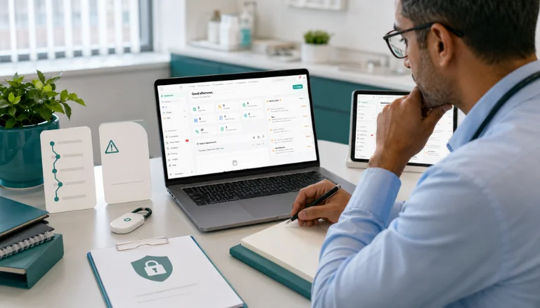 Private clinic team reviewing essential clinic software features and workflow tools in a professional workspace.