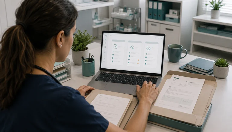 Independent prescriber using a structured electronic prescribing workflow in a modern UK clinic.