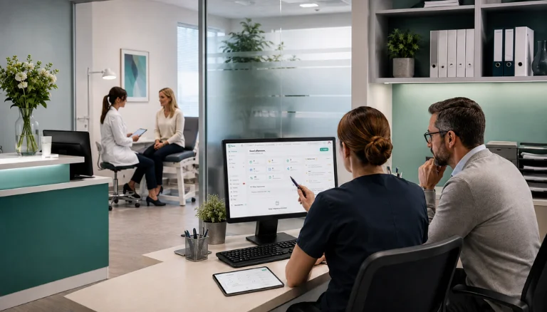Private clinic team reviewing essential clinic software features and workflow tools in a professional workspace.